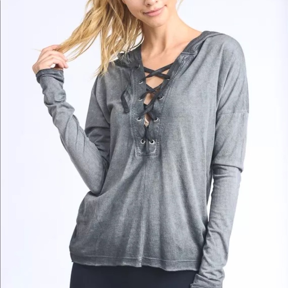 SOLD  Grey Mineral Wash lace up Hoodie size L